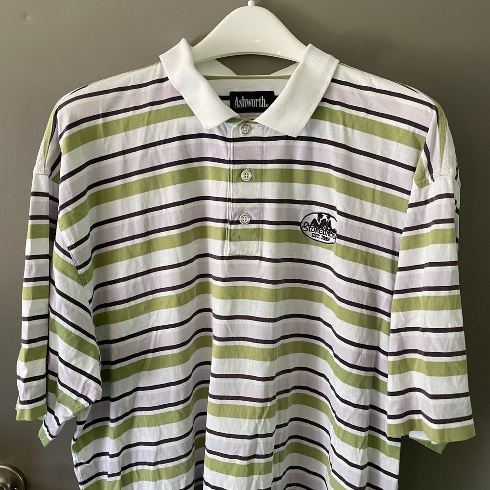 Ashworth Mens XL Striped Golf Polo Shirt Green Purple Stonebrook Est 1989 Cotton